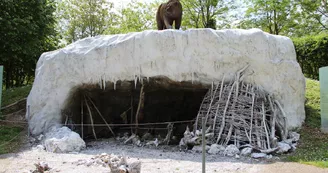 Reconstitution d'un abri rocheux avec une reconstitution d'un ours
